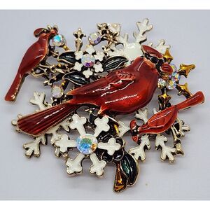 Christmas Cardinal Snowflake Brooch Winter Bird Traditional